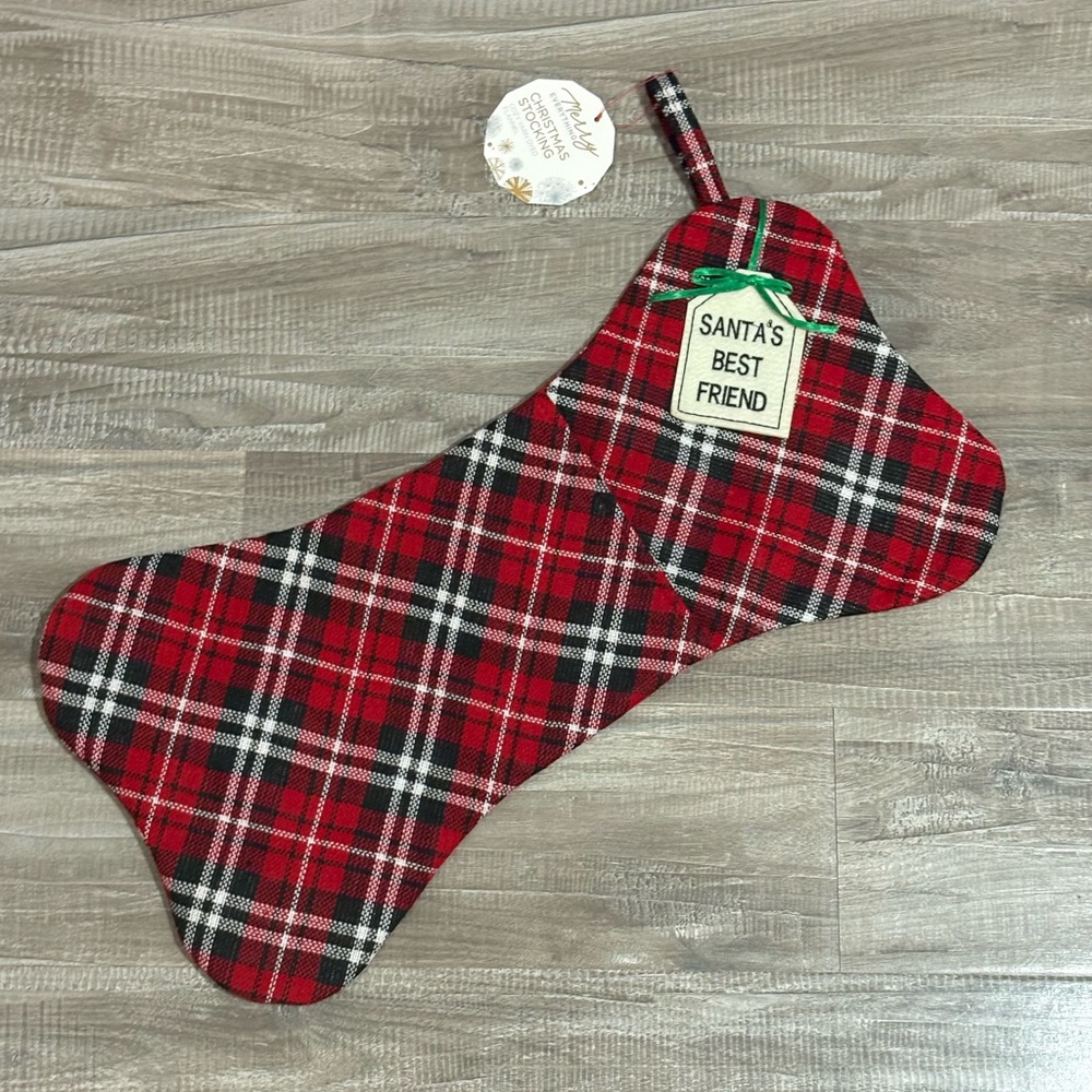 ! NEW! Large Christmas Flannel Dog Stocking Red Green Plaid Flannel